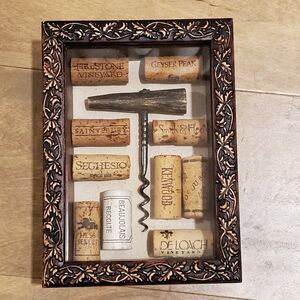 Vintage Handcrafted Wooden Framed Wine Bottle Corkscrew And California Corks Art